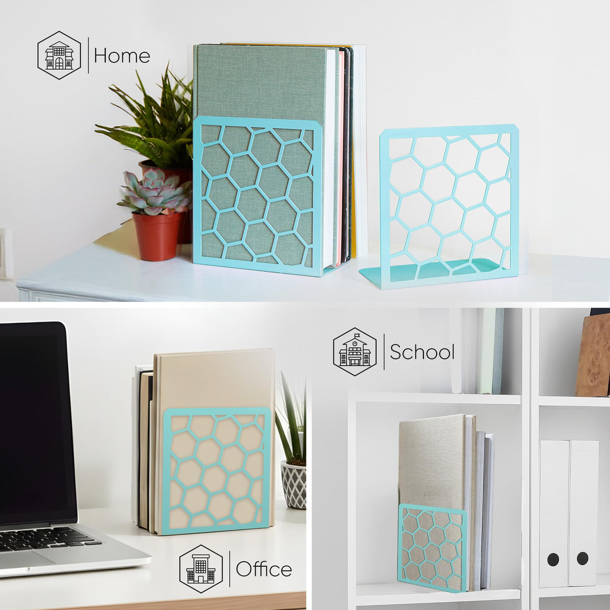 Turquoise Geometric Honeycomb Metal Bookends - Book Ends for Shelves - Decorative Modern Heavy Duty