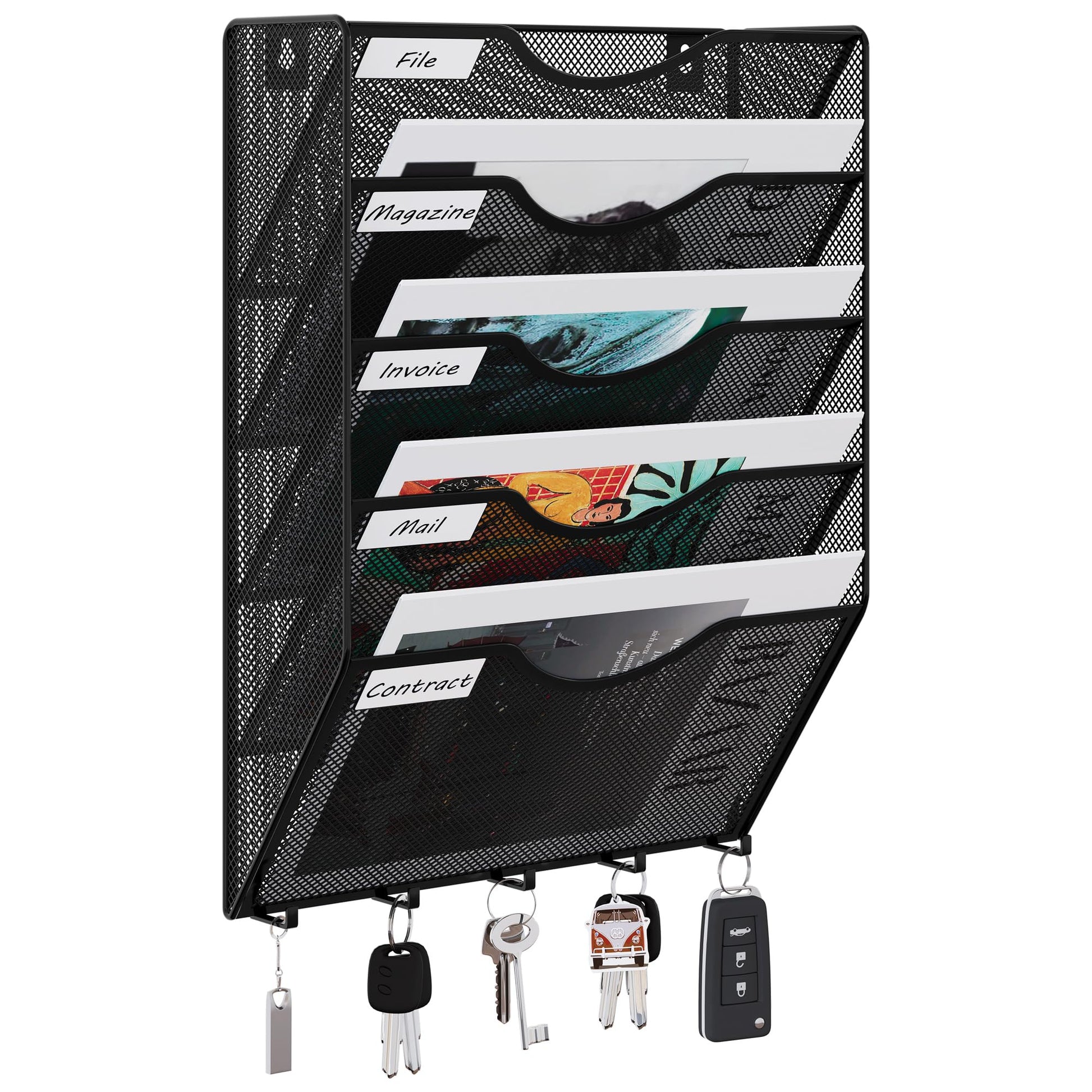 EasyPAG 5 Pocket Mesh Wall File Organizer with Key Hooks, Hanging Paper Folder Holder with Classify