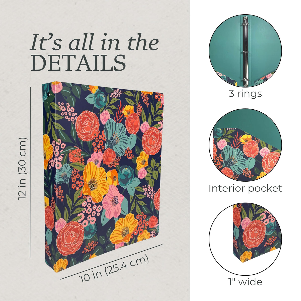 Steel Mill & Co. 1-Inch Hardcover 3 Ring Binder, Garden Blooms (Navy)