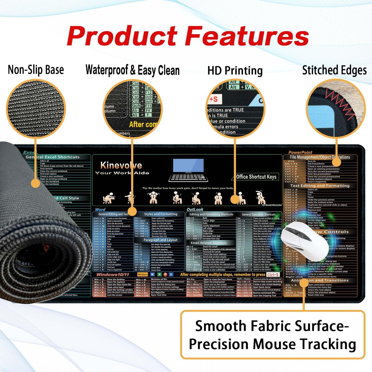 Kinevolve Mouse Pad for Excel/Word/Outlook/PowerPoint Cheat Sheet, Extended Large XL Office