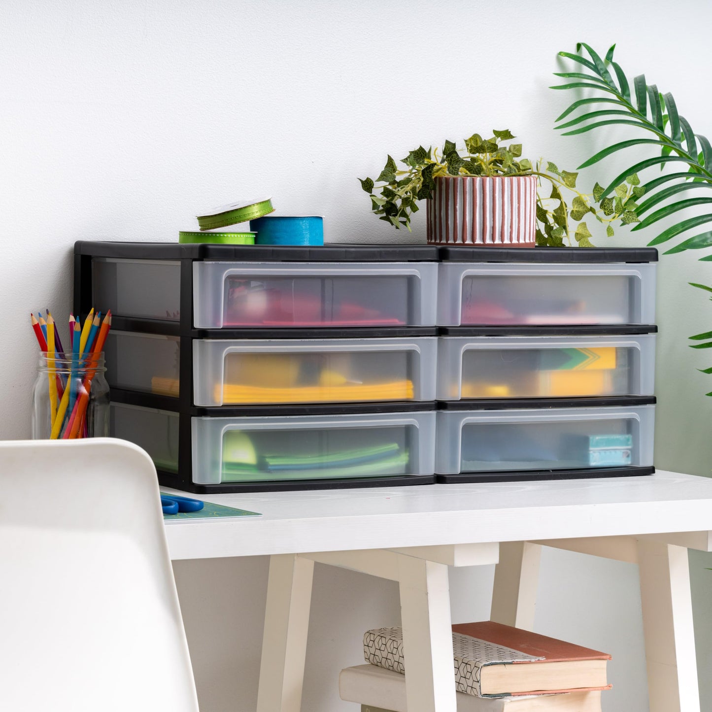 IRIS USA 2-Pack, 3-Drawer Medium Plastic Stacking Desktop Organizer, Black
