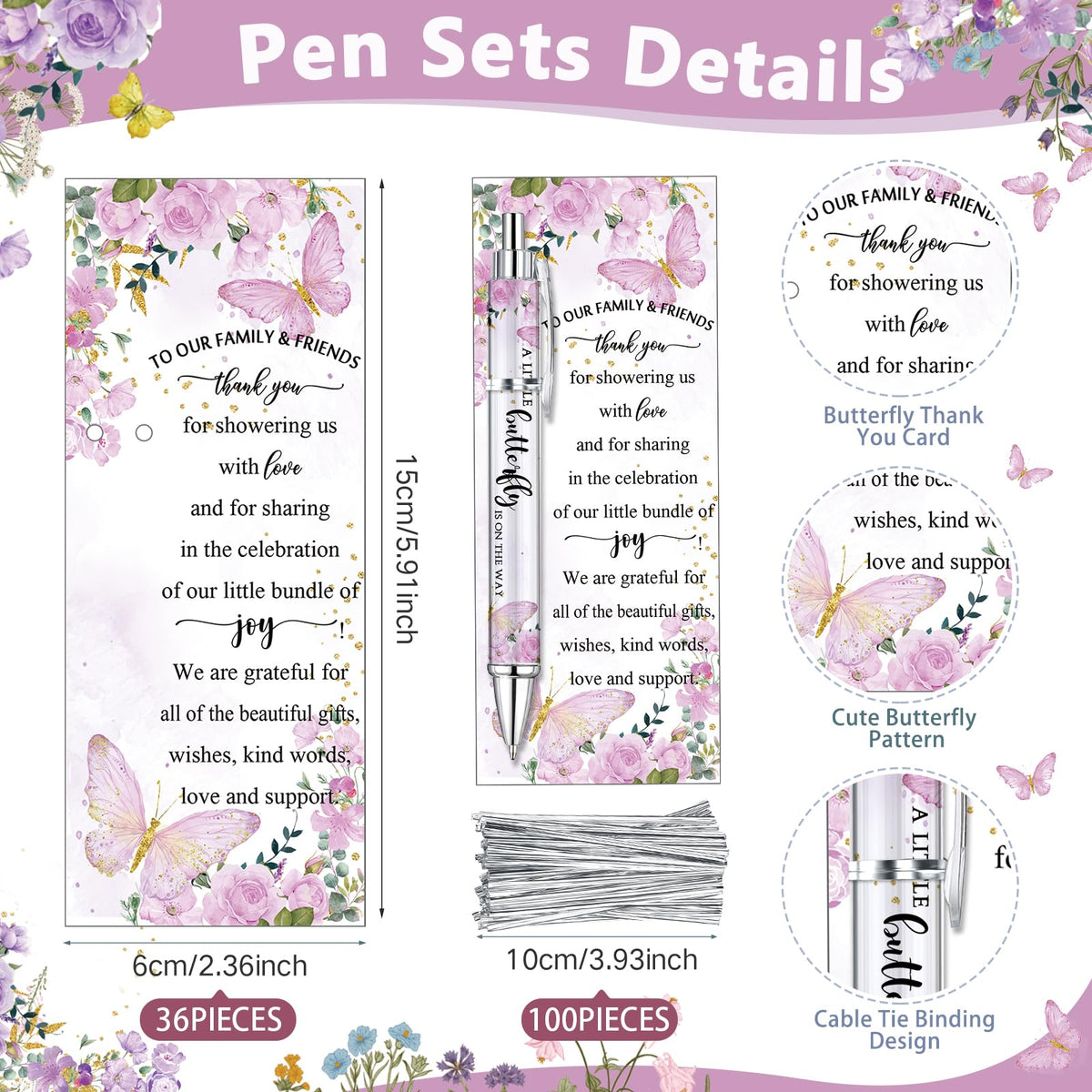 Dinifee 36 Sets Butterfly Baby Shower Favor, Pink Pen with Greeting Cards
