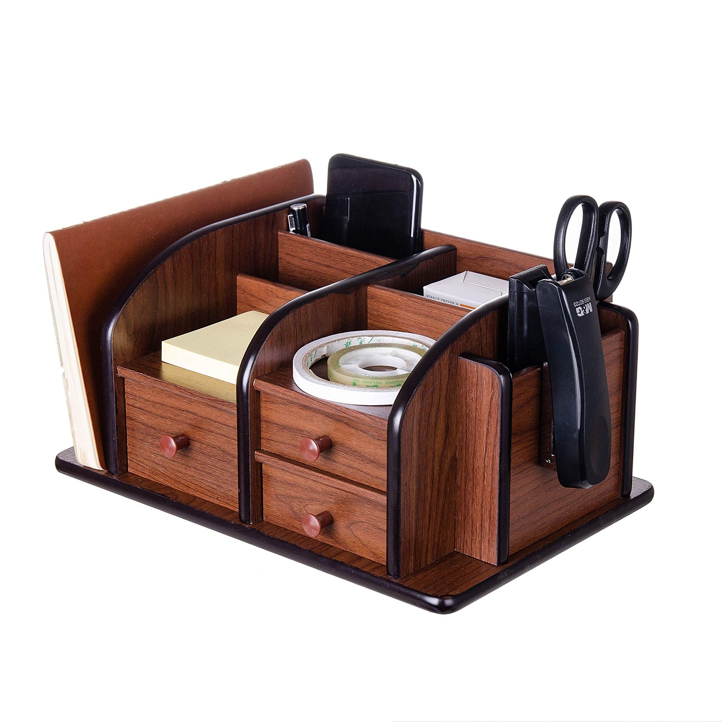 Liry Products Brown Wooden Desk Organizer Multiple Compartments 3 Drawers Slots 2 Shelves Racks