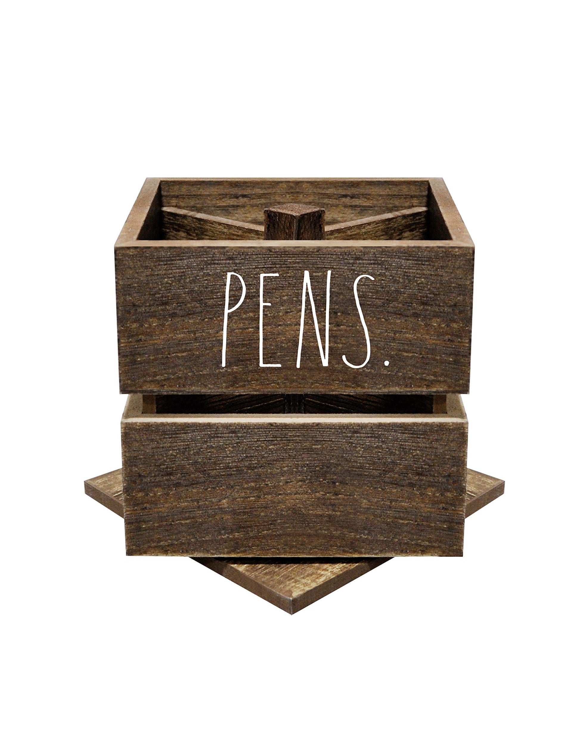 Rae Dunn Pencil Cup - Wooden Pen Holder Desktop Organizer - Small Rustic Wood Desk Top Caddy for