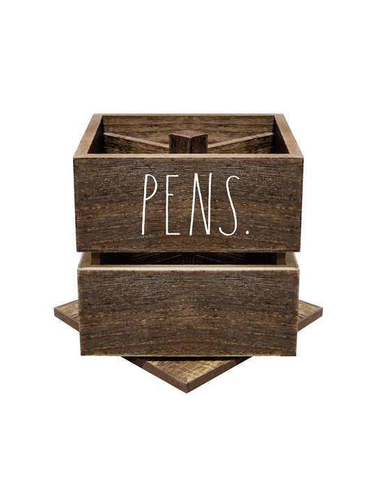 Rae Dunn Pencil Cup - Wooden Pen Holder Desktop Organizer - Small Rustic Wood Desk Top Caddy for