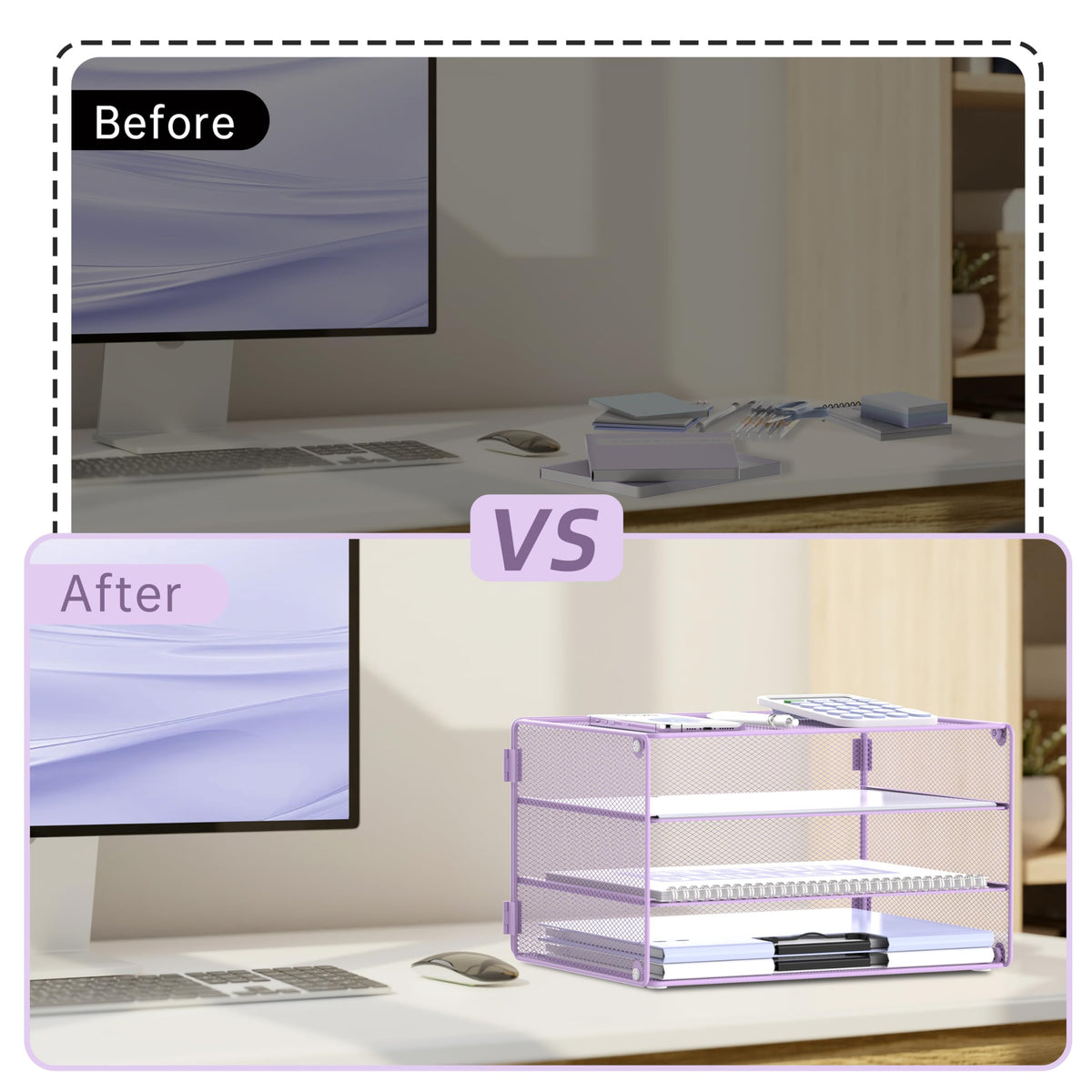 DALTACK 3 Tier Letter Tray Paper Organizer with Sliding Mesh Trays Purple