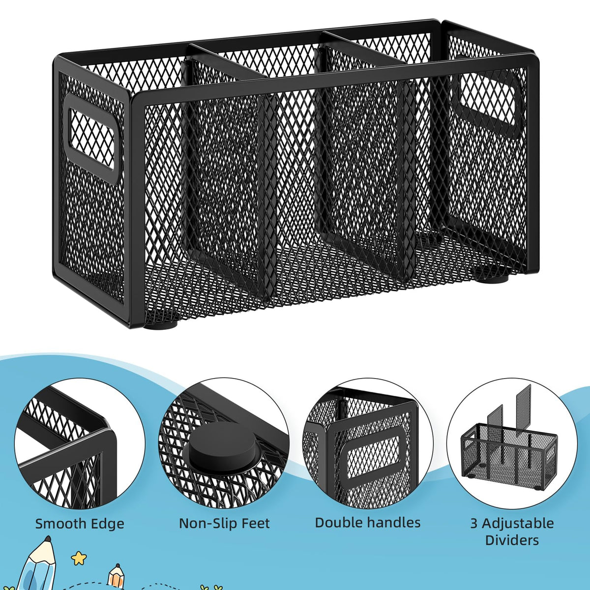 Marbrasse Mesh Pen Holder for Desk, Pencil Holder Desk Organizer 3 Adjustable Compartments, Pencil