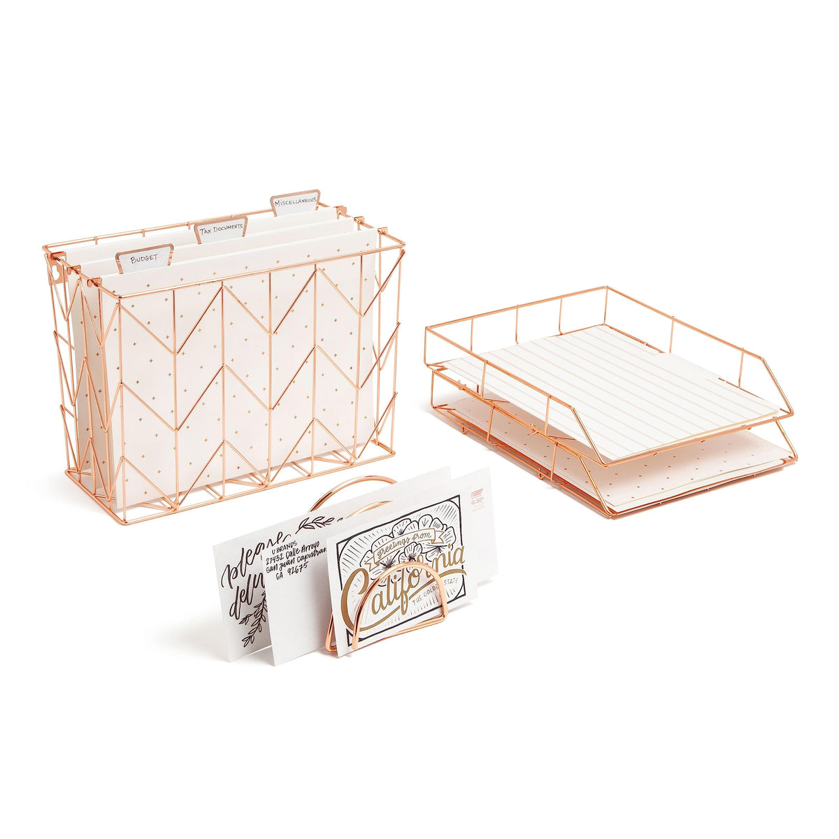 U Brands Desktop Fashion Filing Set, Desktop Organizer, Rose Gold Wire Metal, 10 Piece Office Gift