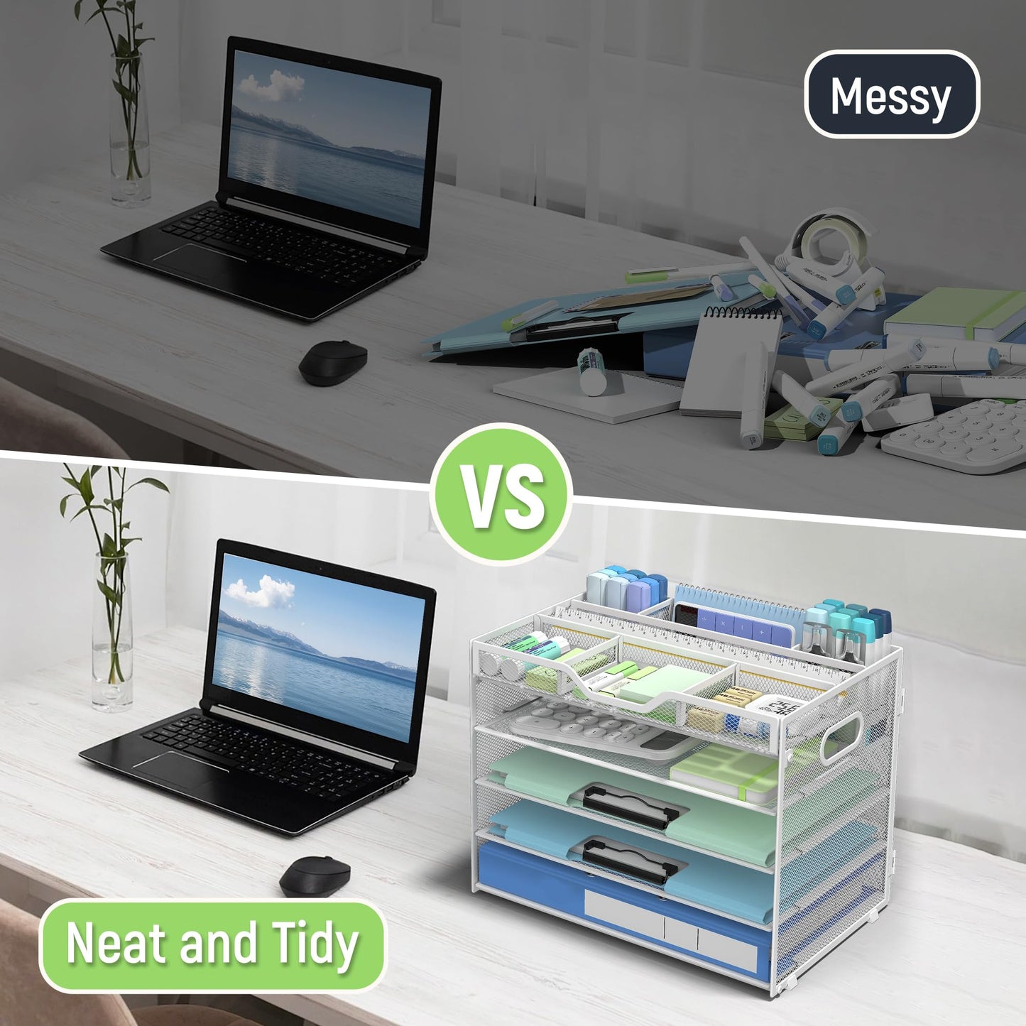 Docnest 5 Tier Mesh Desk Organizer with Removable Tray&Pen Holder, White
