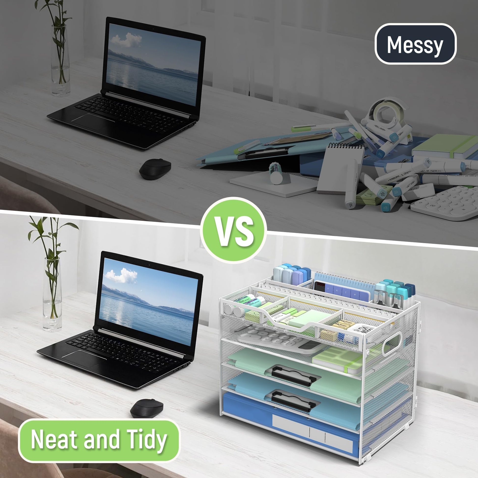 Docnest 5 Tier Mesh Desk Organizer with Removable Tray&Pen Holder, White