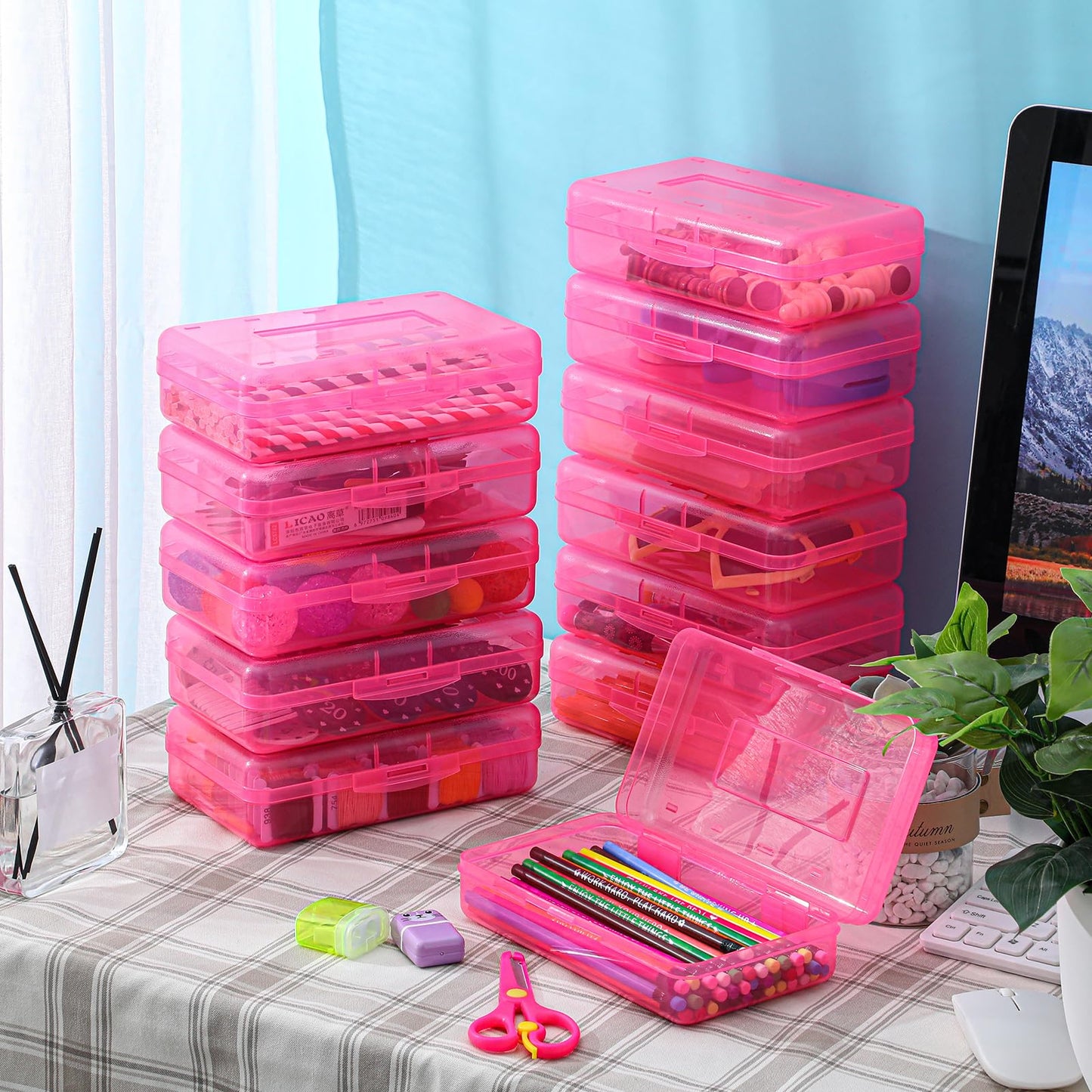 Leelosp 12 Pack Pencil Boxes Bulk, Large Plastic Case,Pink