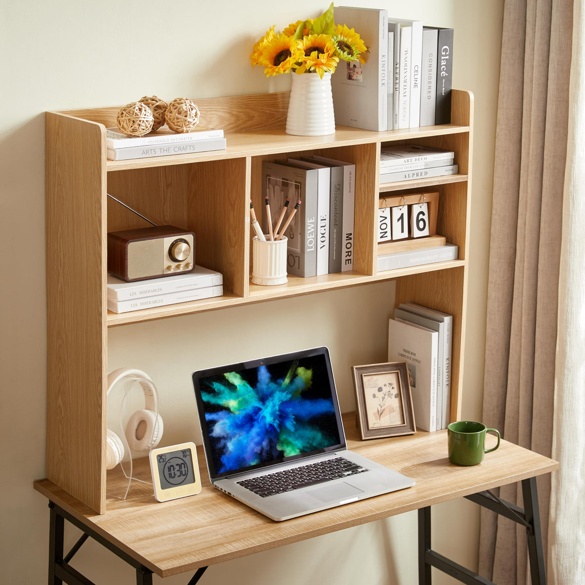 Nromant Desktop Bookshelf, Wooden Desk Storage Hutch with 6 Shelves for Computer Desk, 3-Tier