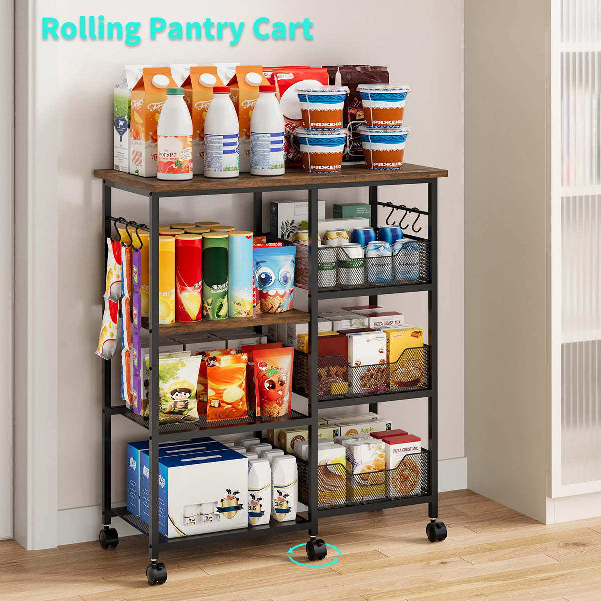 HapiRm Rolling Kitchen Carts with Storage - Microwave Table Stand with 6 Hooks & 3 Baskets, kitchen