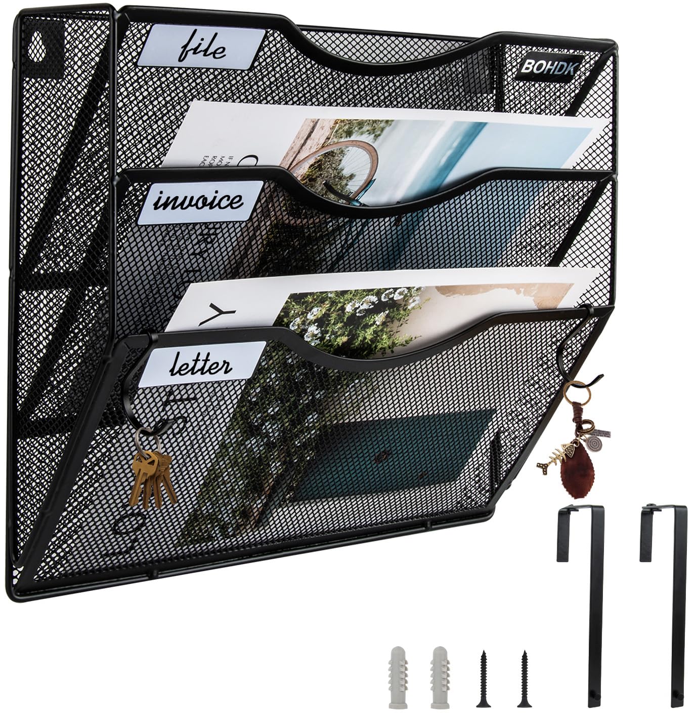 BOHDK Wall File Organizer, 3 Tire Hanging File Folder Mail Organizer, Vertical Mesh Metal Door/Wall