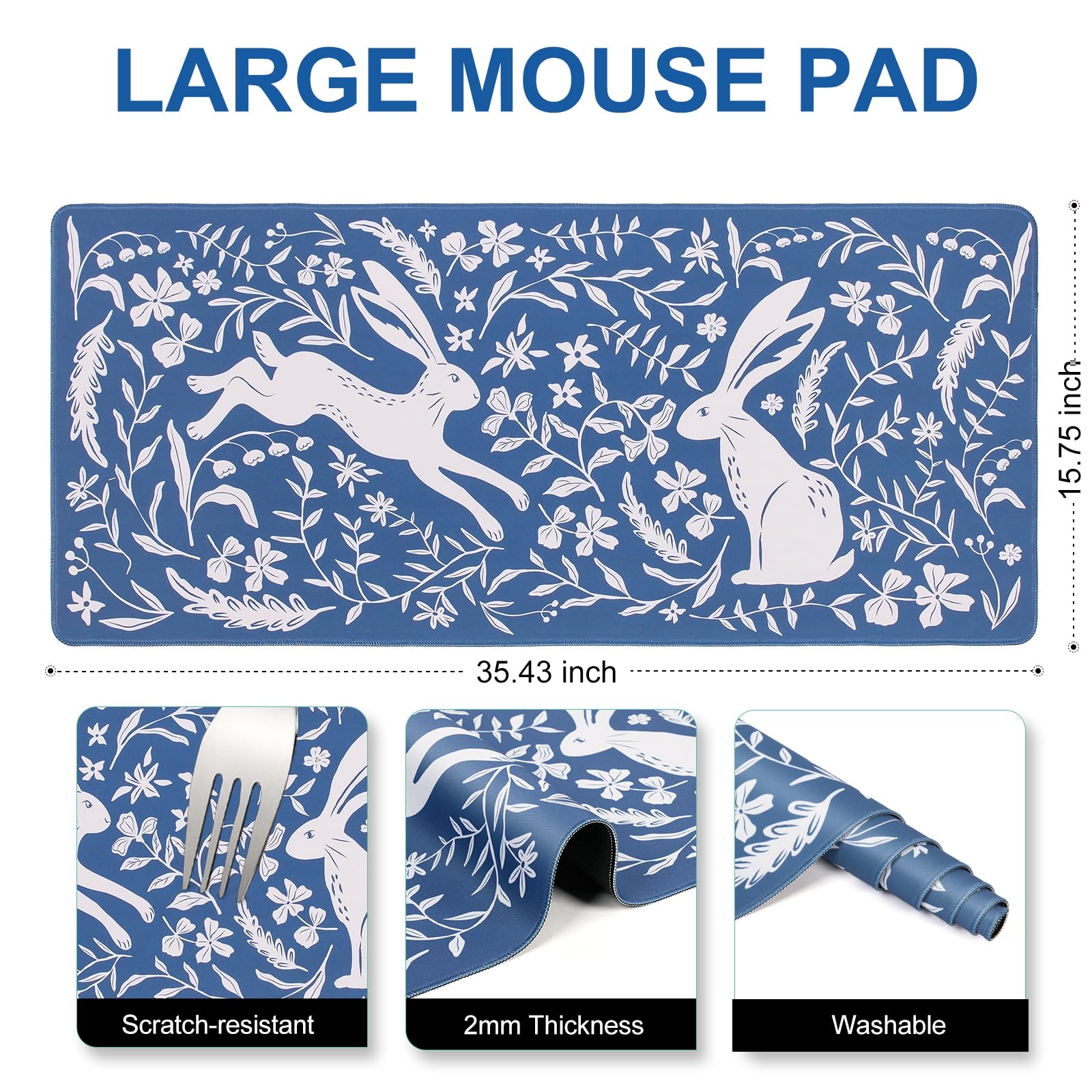 L-SPOUTTO Blue Floral Desk Mat for Keyboard and Mouse,XXL Gaming Mouse Pad