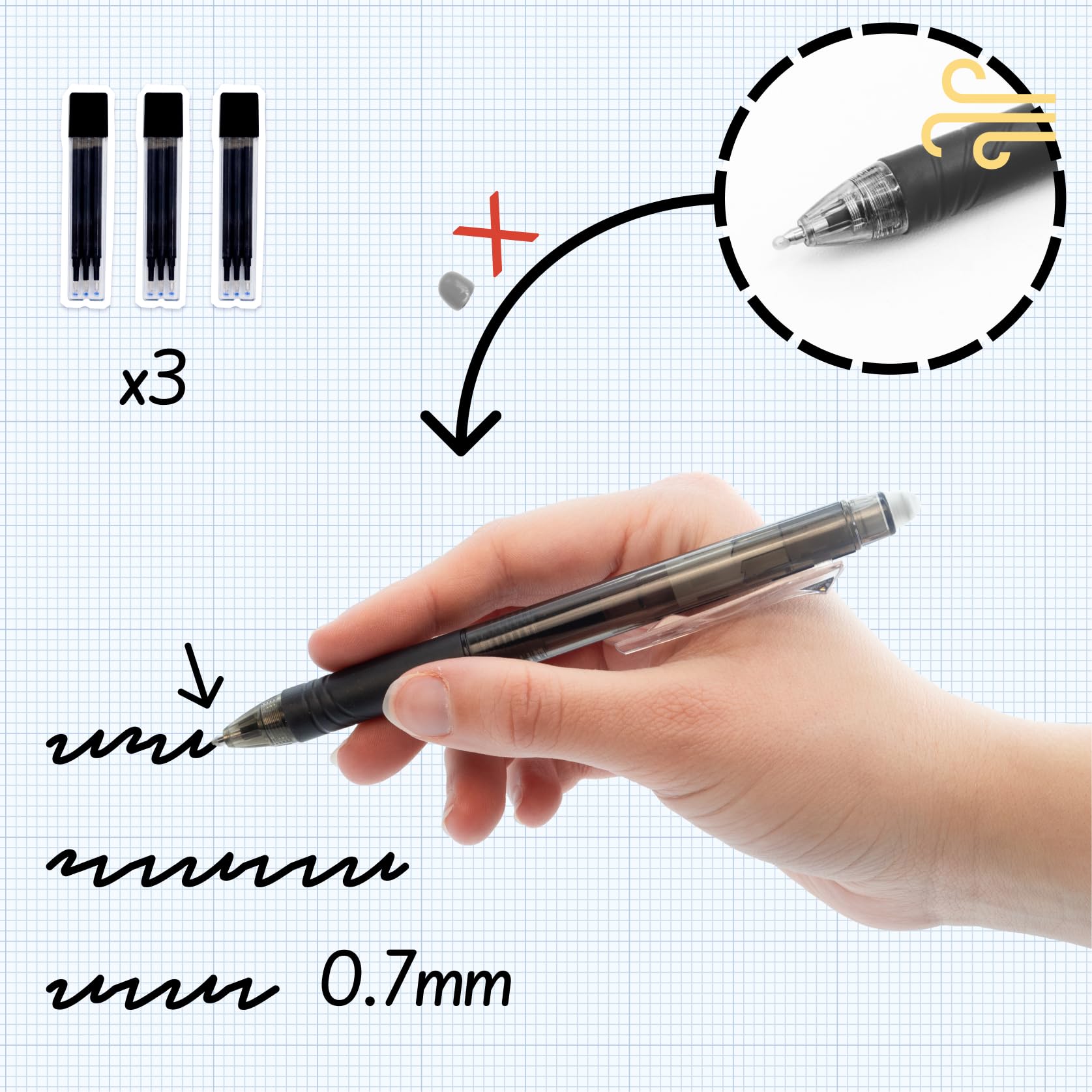 RAYLU PAPER - Retractable Erasable Pen, Gel Ink, 1.0 mm Tip and 0.7 mm Line (Pack of 3 Black