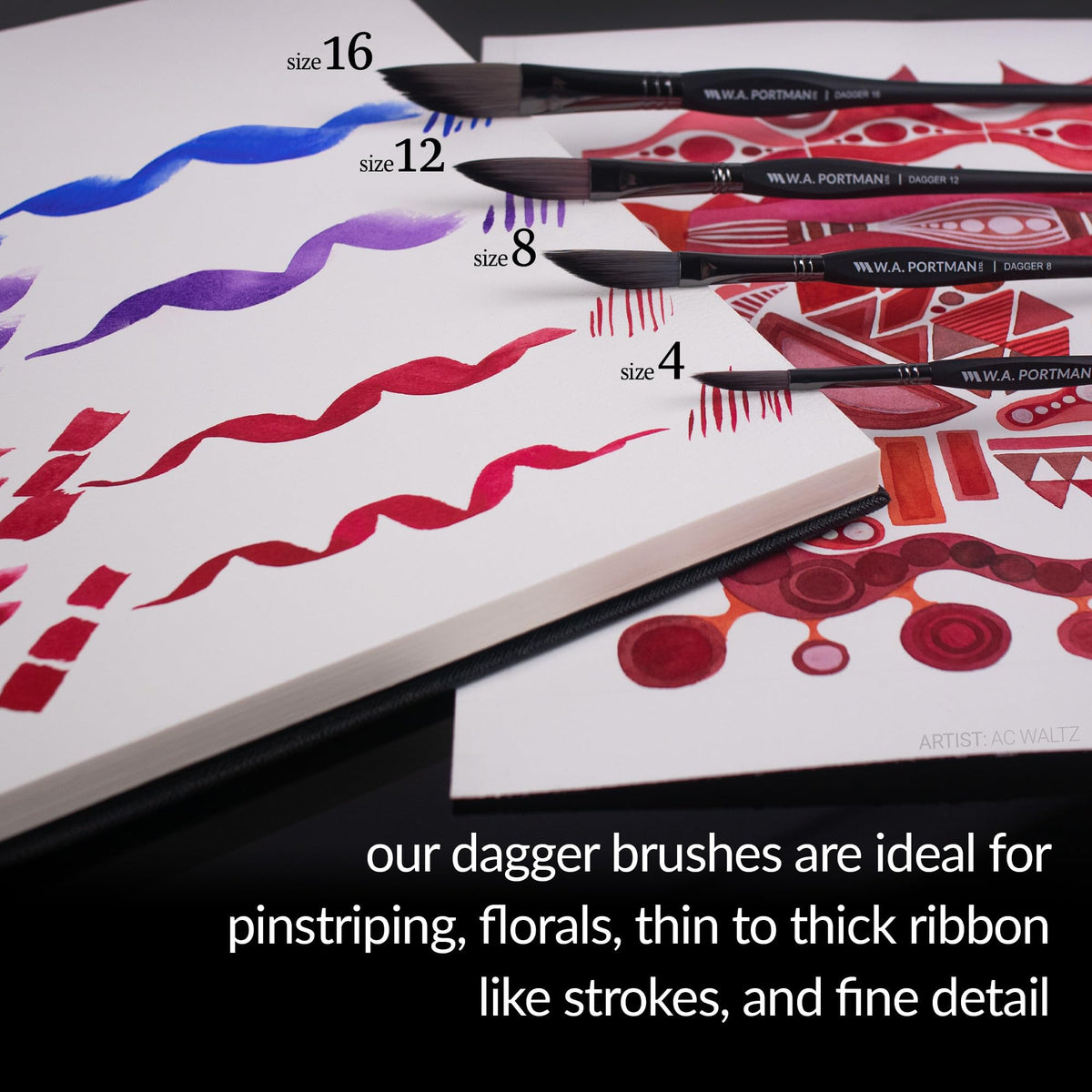 WA Portman Dagger Watercolor Paint Brush 4pc Set, Triangular Grip Brushes