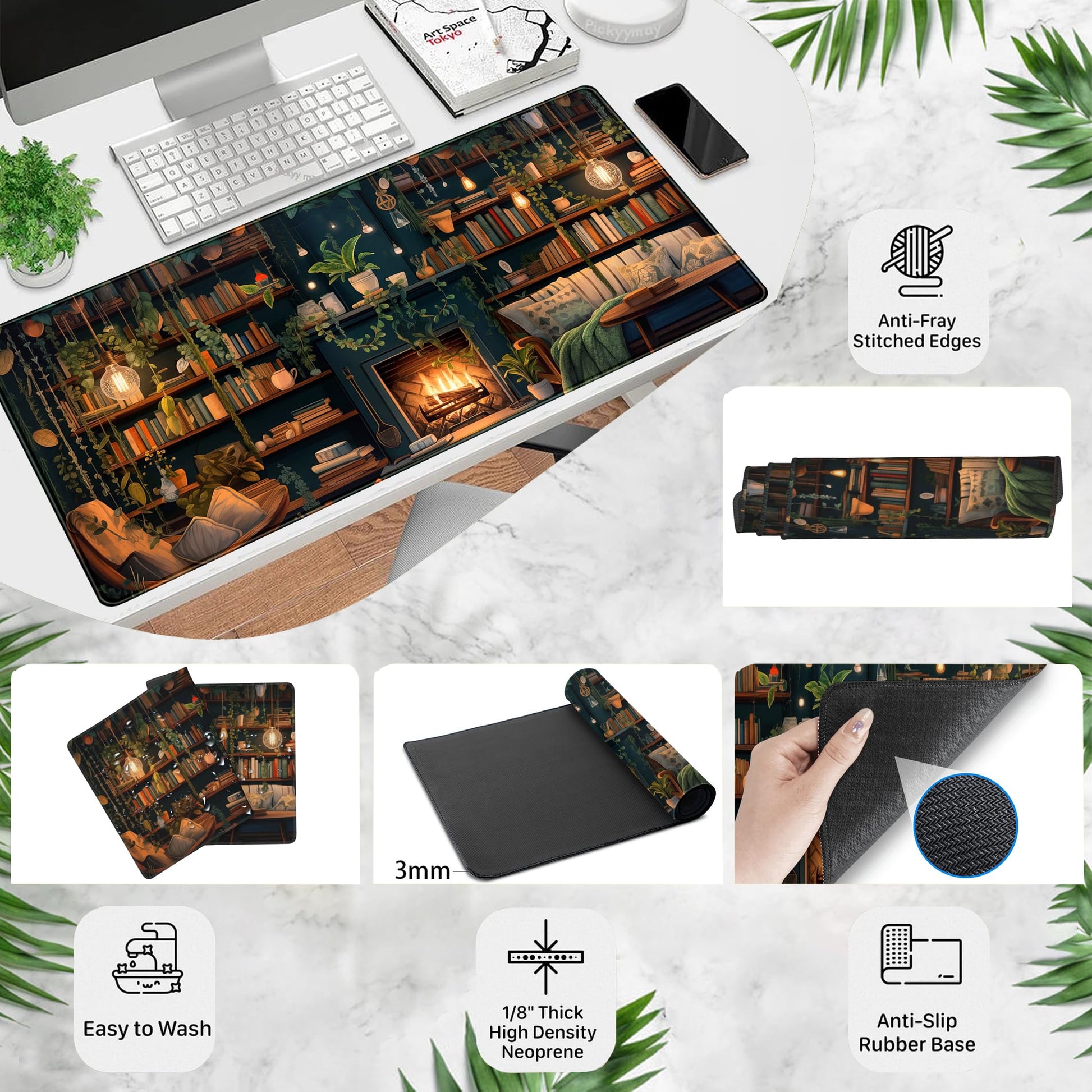 Large Mouse Pad Cozy Library, Extended Full Desk Mouse Mat Gaming Desktop Pad, Computer Keyboard