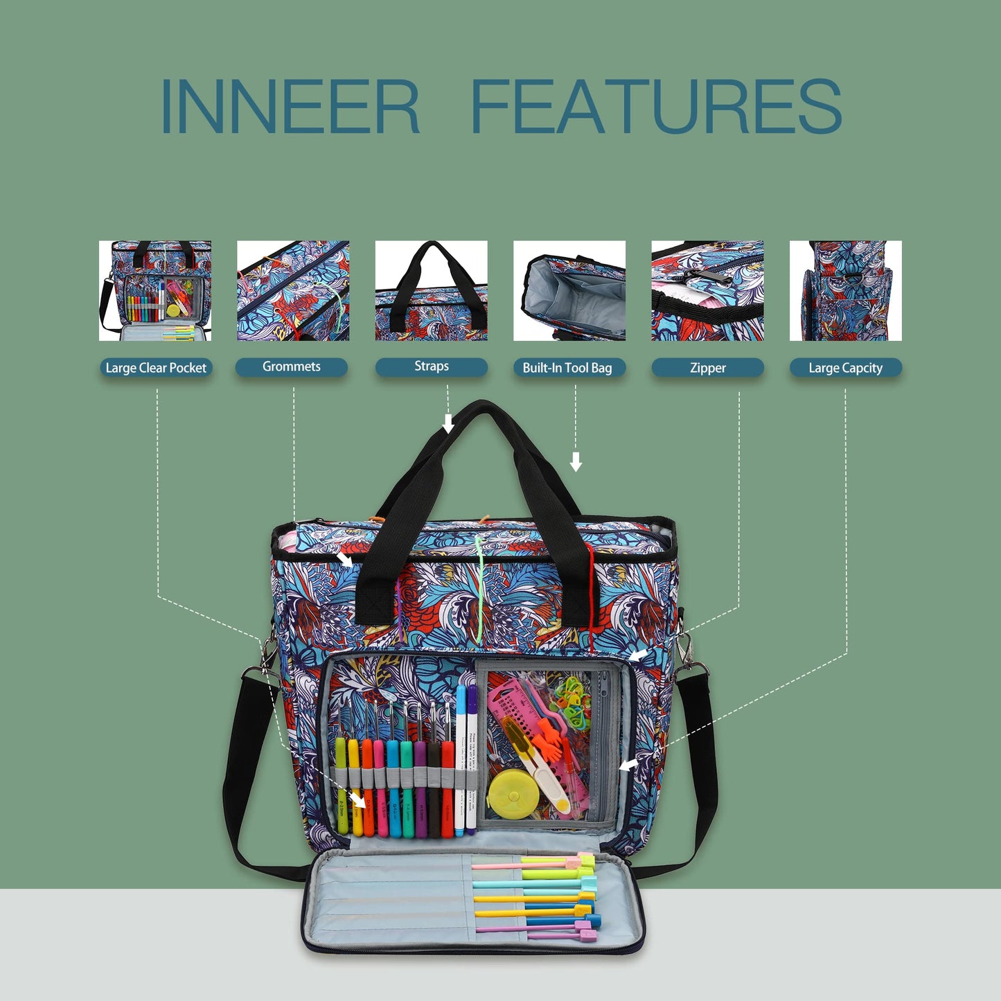 LOOEN Yarn Knitting Storage Tote-Large Capacity Crochet Organizer Portable Travel Bag with Shoulder