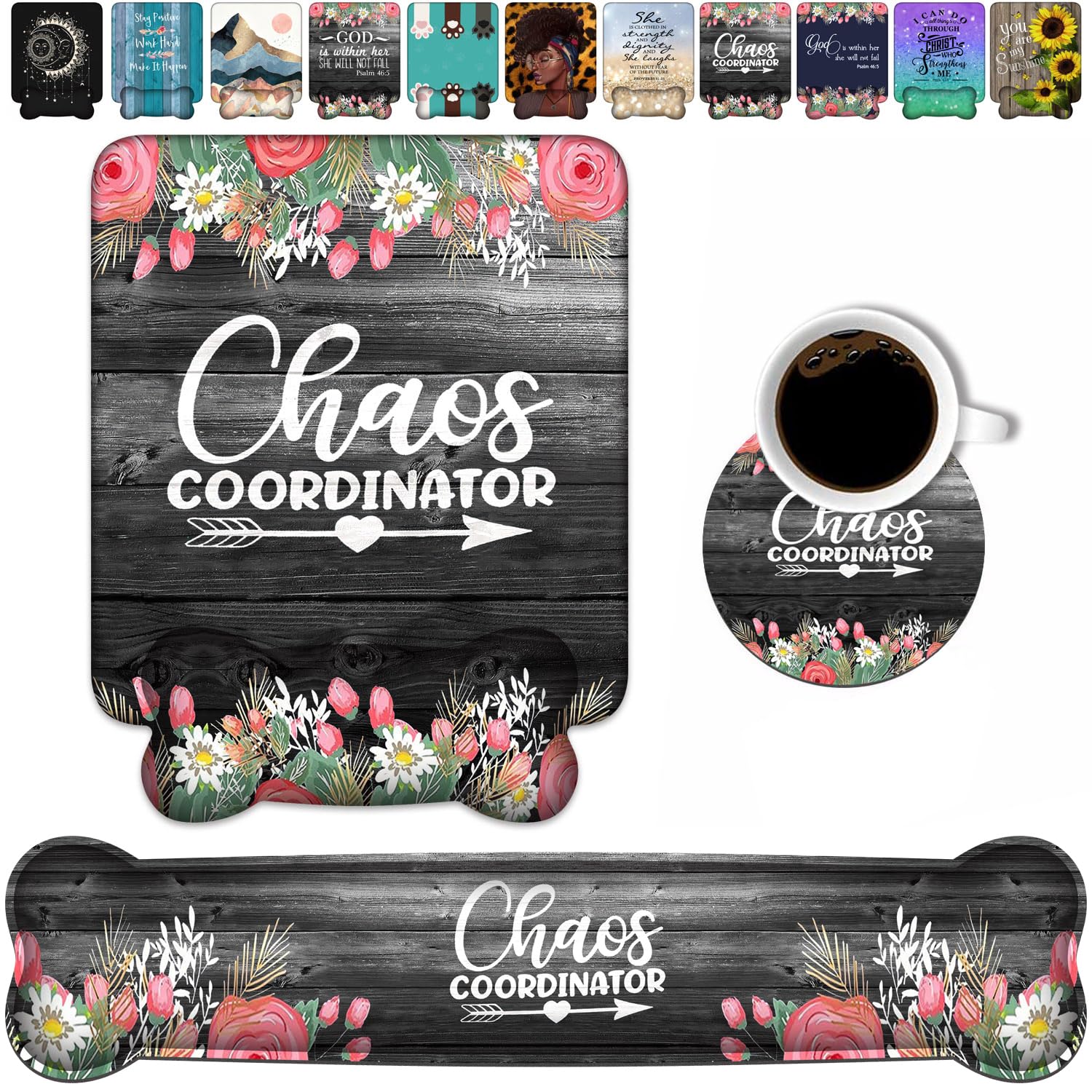 Keyboard Wrist Rest & Mouse Pad Wrist Support Set, Chaos Coordinator Quotes Colored Floral Wreath