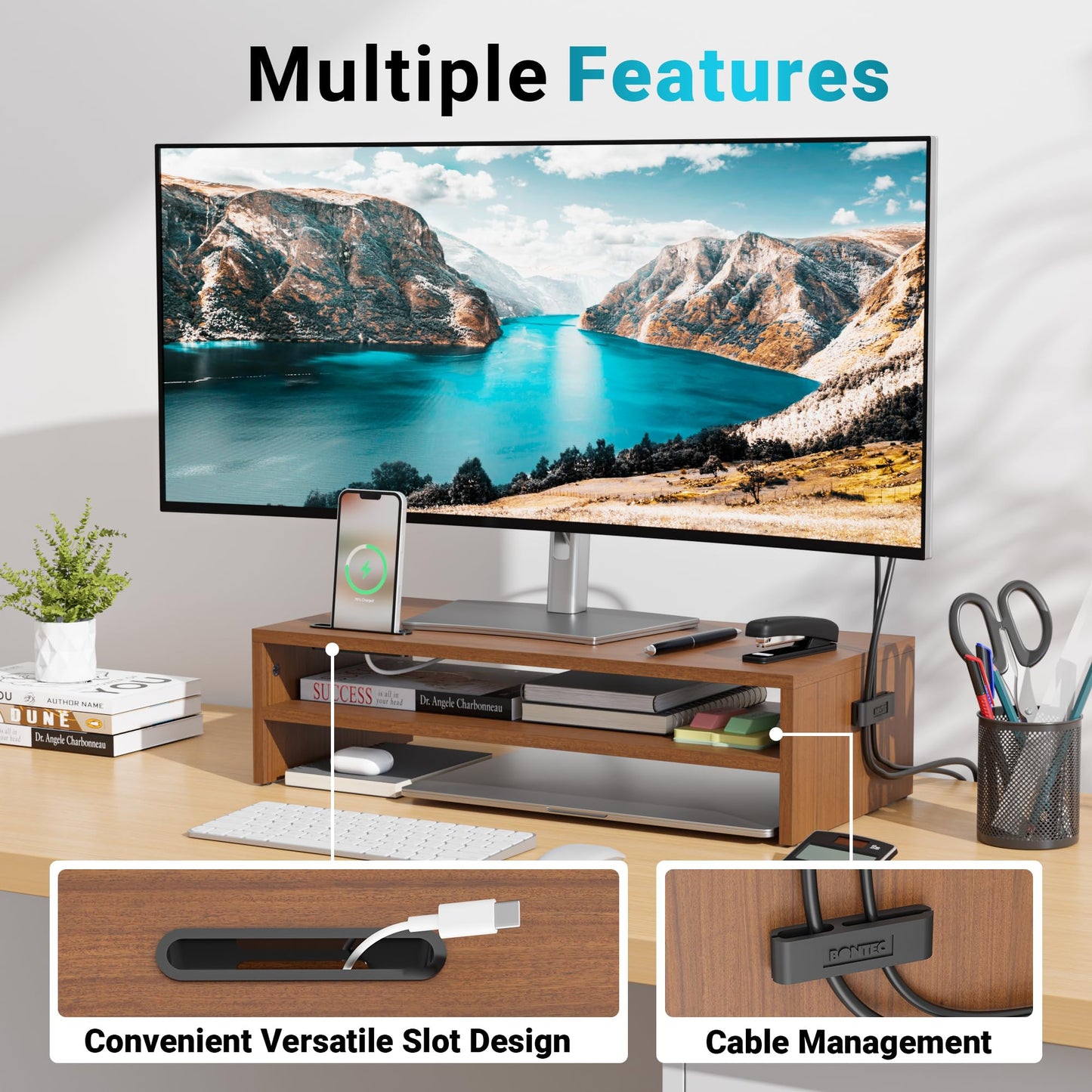 BONTEC Wood Monitor Stand Riser, 2-Tier Desktop Organizer