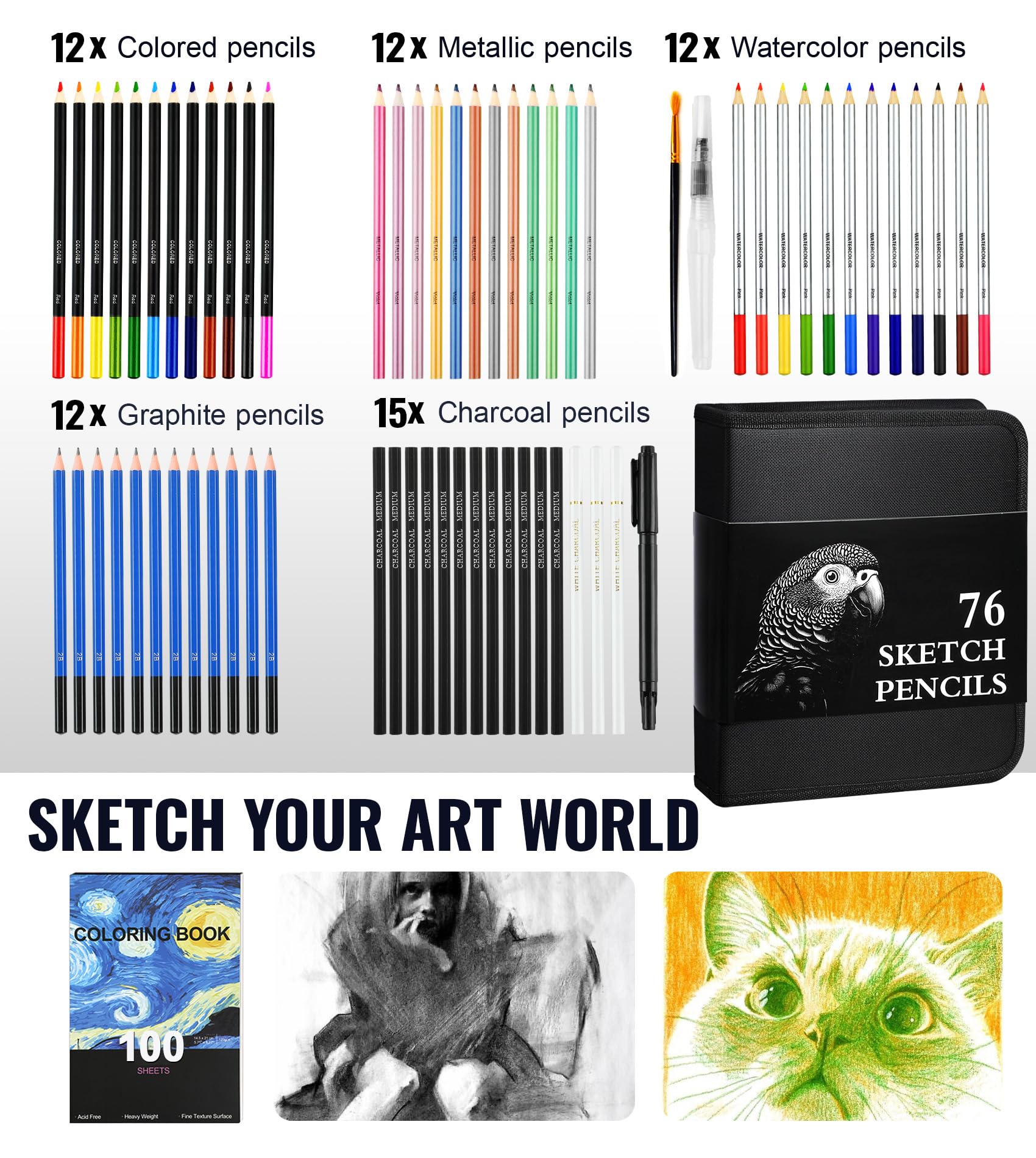 TMOL 76 Pack Art Supplies Sketching Kit, 100 Sheets 3-Color Sketchbook
