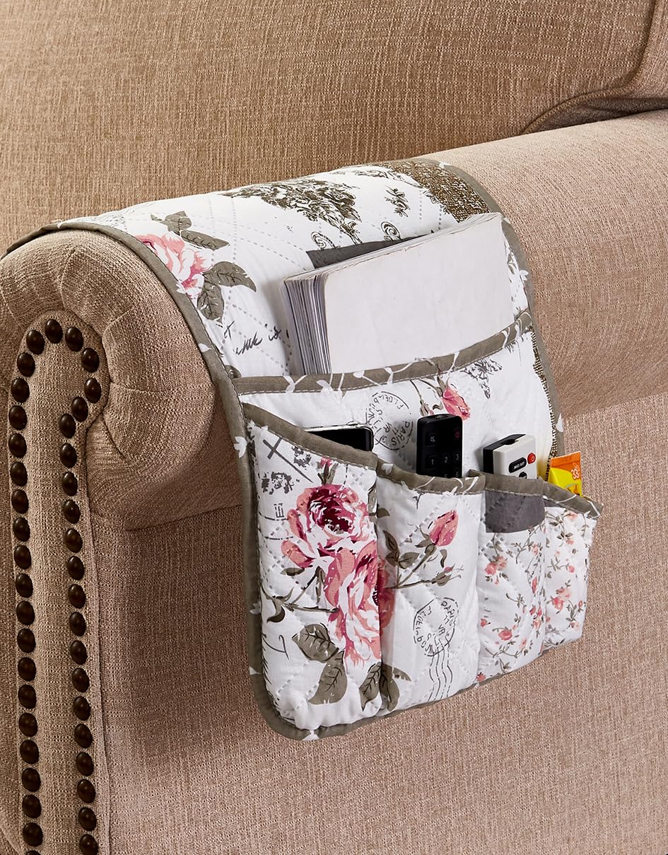 Brilliant Sunshine Pink Rose & Grey Toile Couch Armrest Cover, 35"×13"