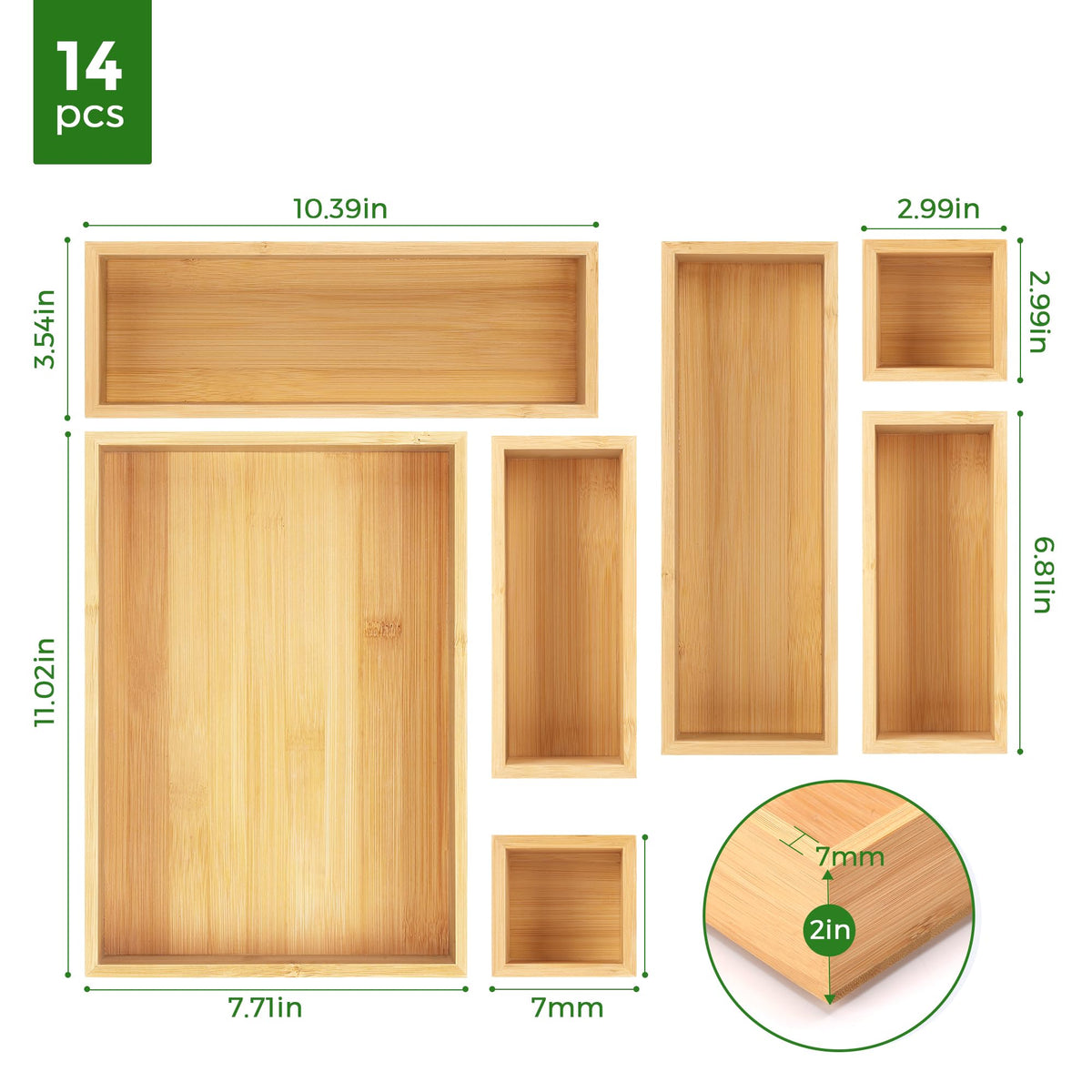 MapleGrace Bamboo Drawer Organizer Set, 14 PCS Wood Storage Organizers