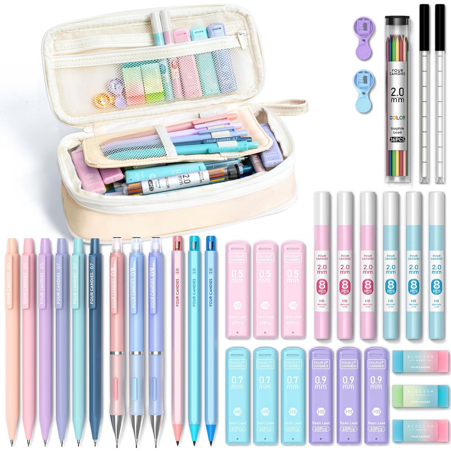Four Candies 36PCS Mechanical Pencil Set with 624 Lead Refills (Cream)