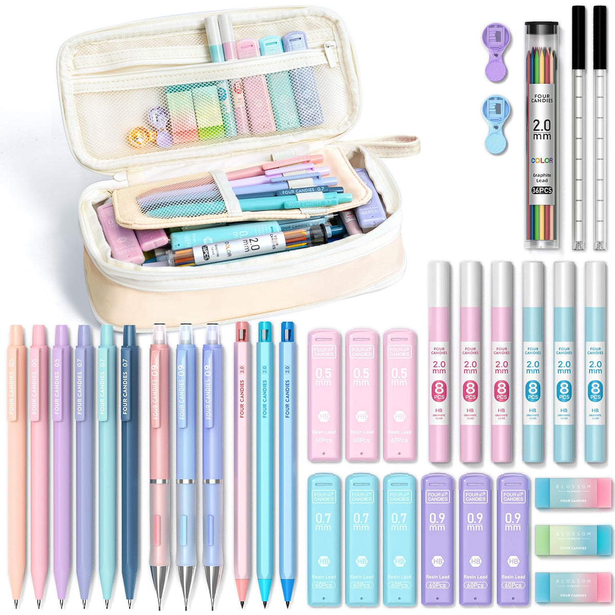 Four Candies 36PCS Mechanical Pencil Set with 624 Lead Refills (Cream)