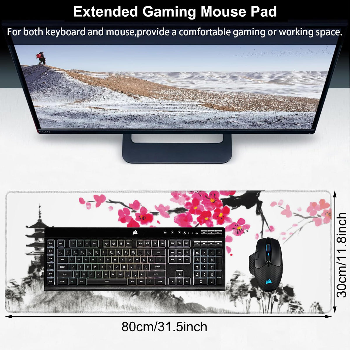 Chinese Ink Painting Desk Mat,Large Abstract Landscape Painting Gaming Keyboard Mouse Pad,Non-Slip