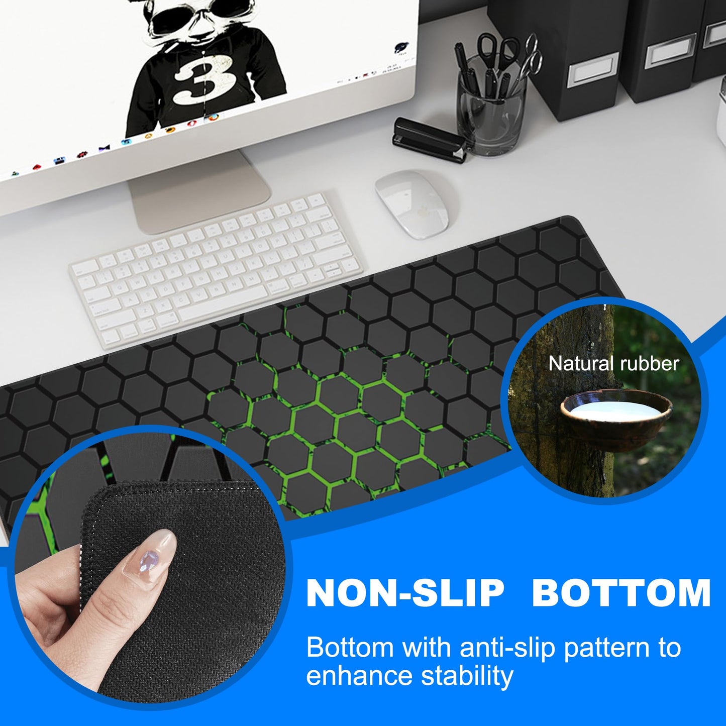 Desk Pad, Green Honeycomb Science Technology Extended Gaming Mouse Pad Large, 31.5"x11.8" Big Mouse
