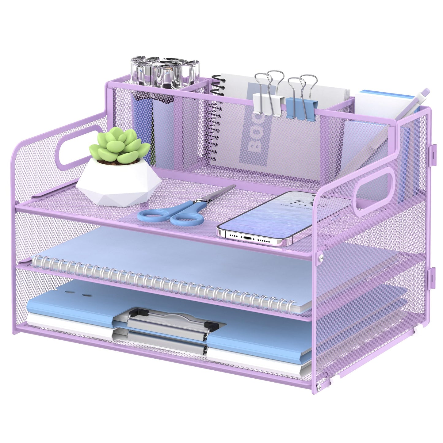 3-Tier Desk Organizer with Pen Holder and Handles, Paper Organizer, Purple