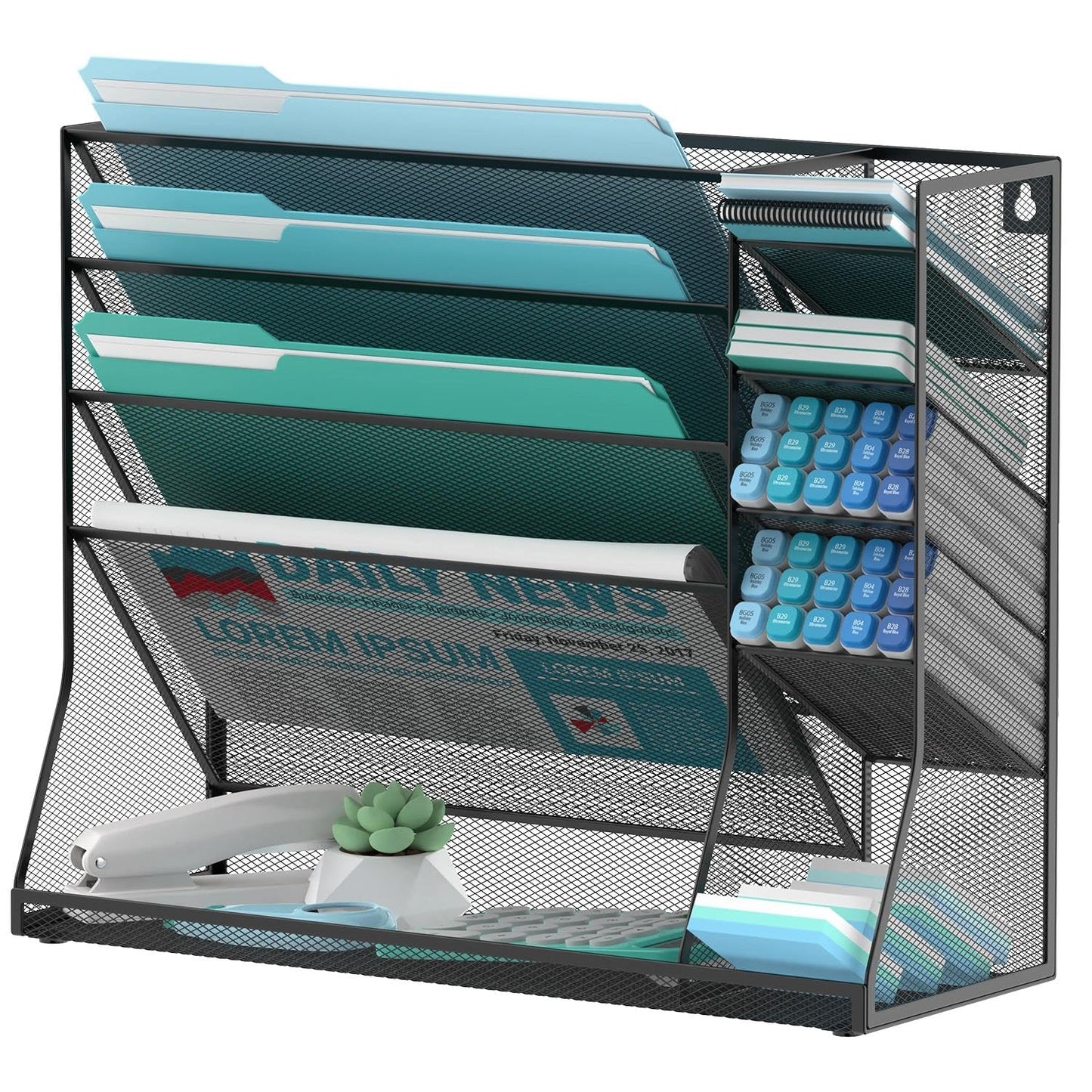 5-Tier Wall File Organizer and Wall File Holder with Bottom Tray, Black