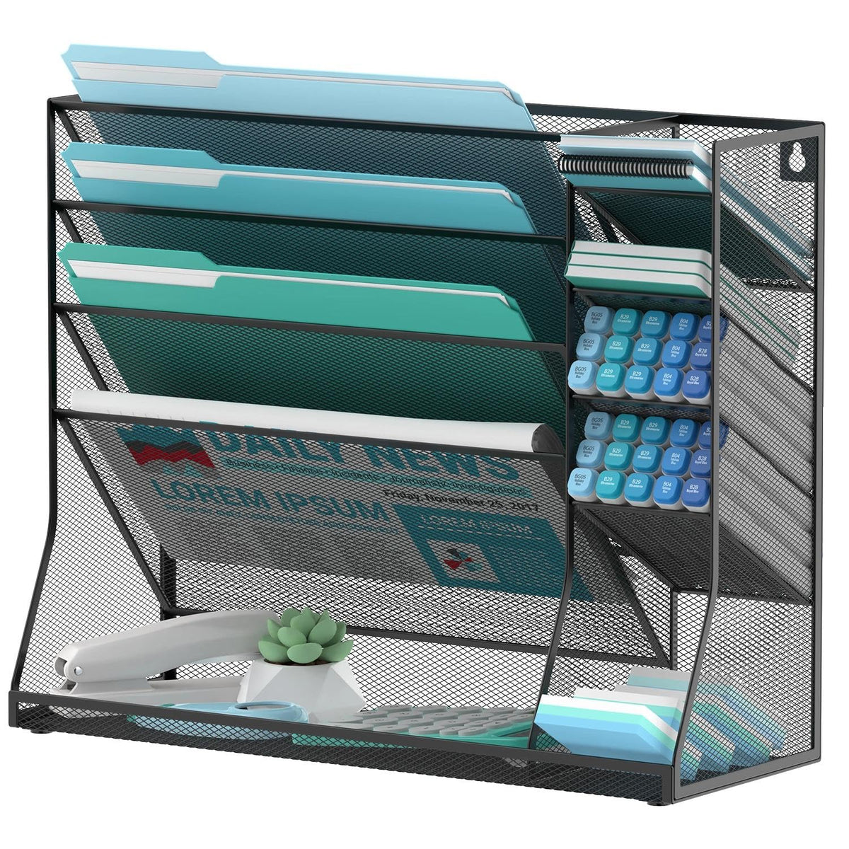 5-Tier Wall File Organizer and Wall File Holder with Bottom Tray, Black