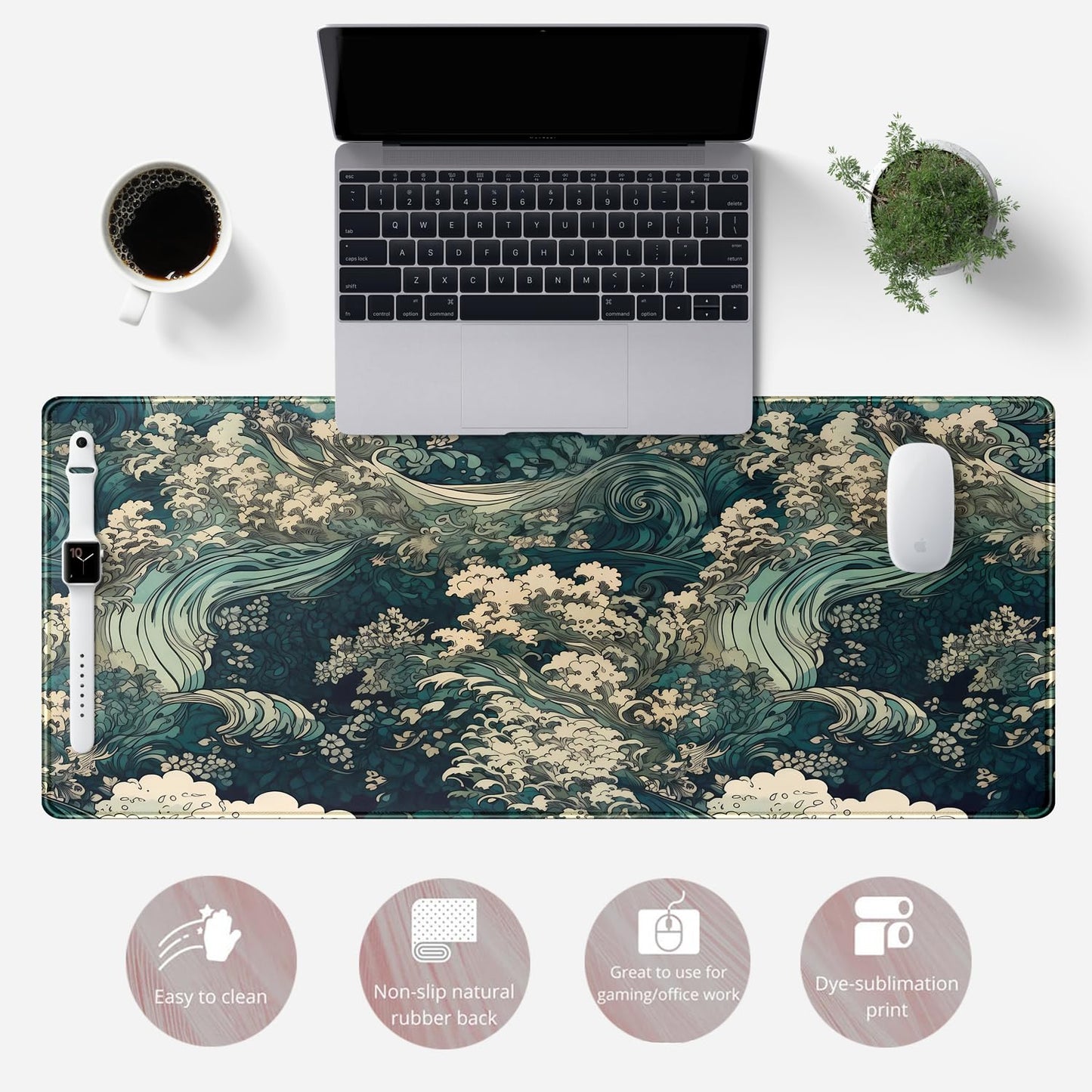Japanese Large Mouse Pad Gaming Sea Wave Desk Pad Blue Sea Flower Art Aesthetics Desk Pad Non-Slip