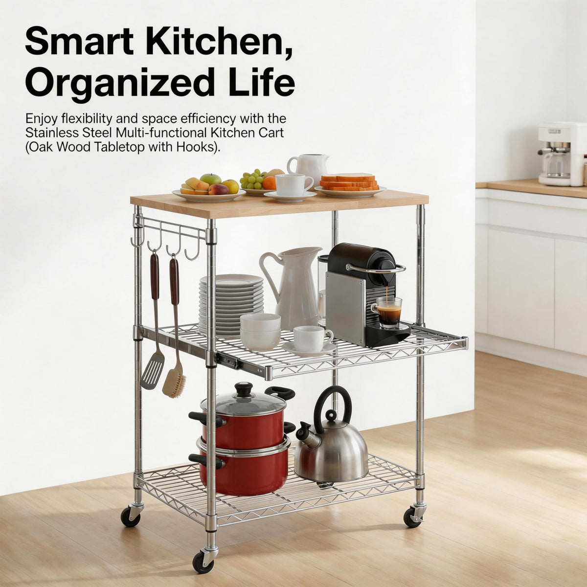 Finnhomy 3-Tier Rolling Kitchen Cart, Microwave Cart with Oak Wood Tabletop and Drawer Slider