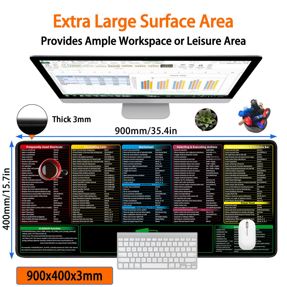 BIRSUKL Excel Shortcuts Mouse Pad，Extended Large XXL（35.4x15.7x0.12in） Cheat Sheet，Gaming