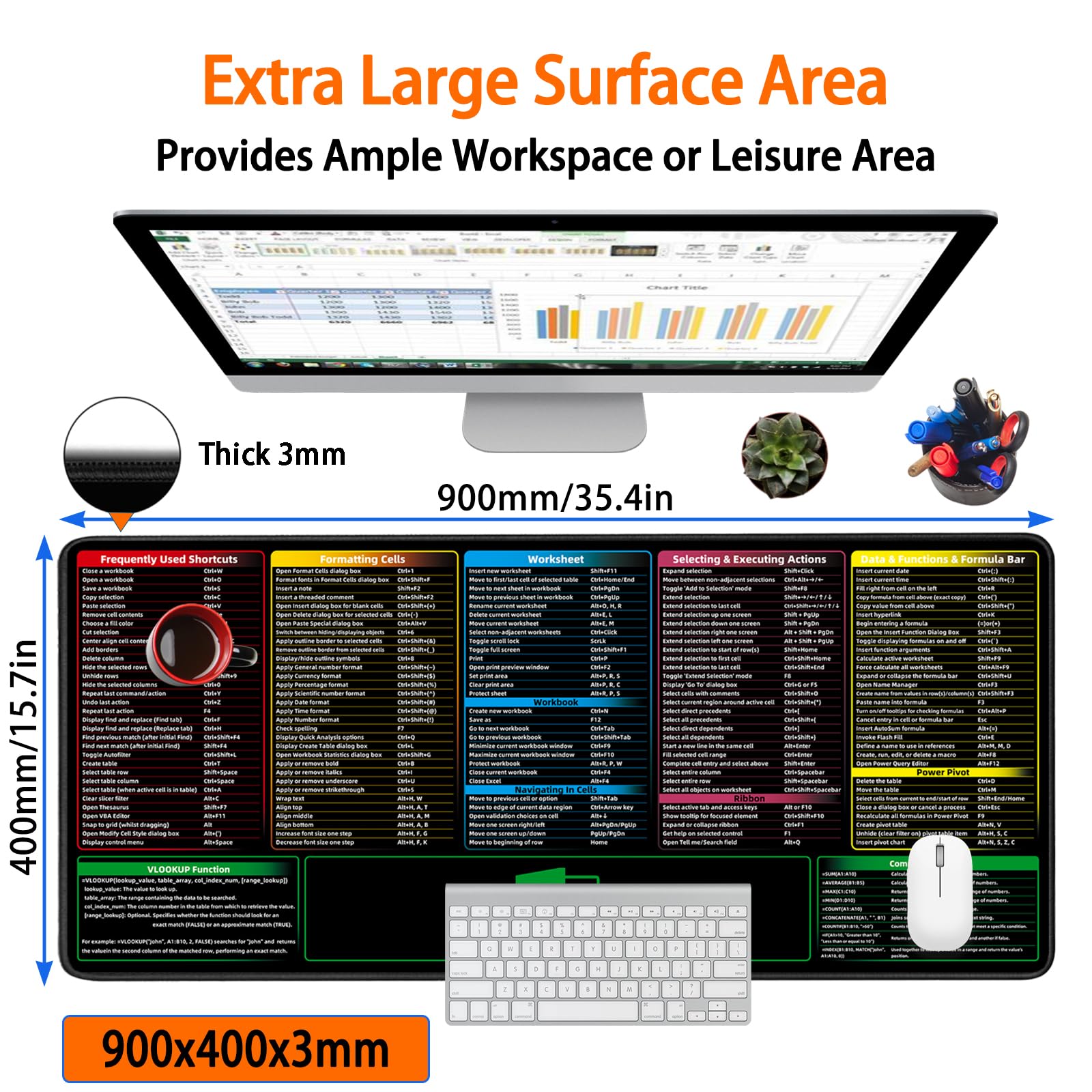 BIRSUKL Excel Shortcuts Mouse Pad，Extended Large XXL（35.4x15.7x0.12in） Cheat Sheet，Gaming