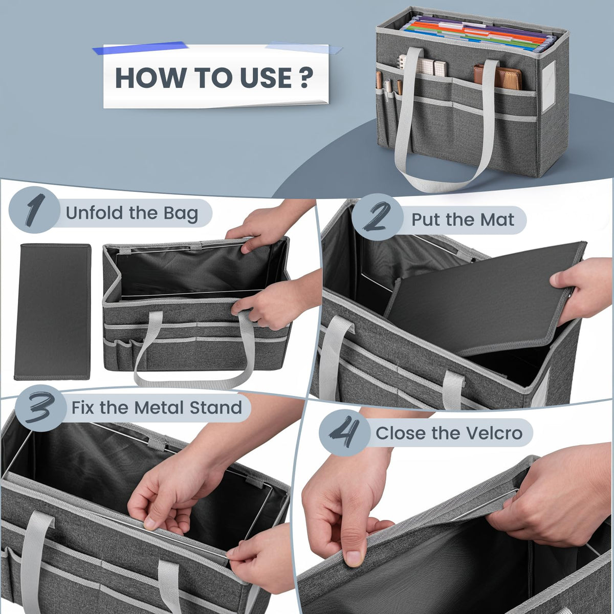 UNICITII File Organizer Box, Portable Tote Bag Hanging Filing Box Desktop File Folder Document