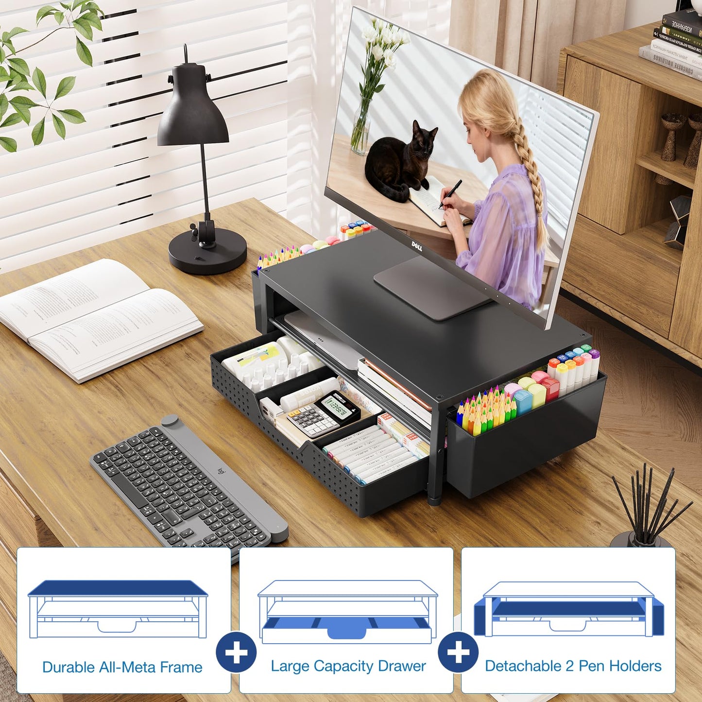 OPNICE Desk Organizers and Accessories, Computer Monitor Stand Riser with Drawer and 2 Pen Holders