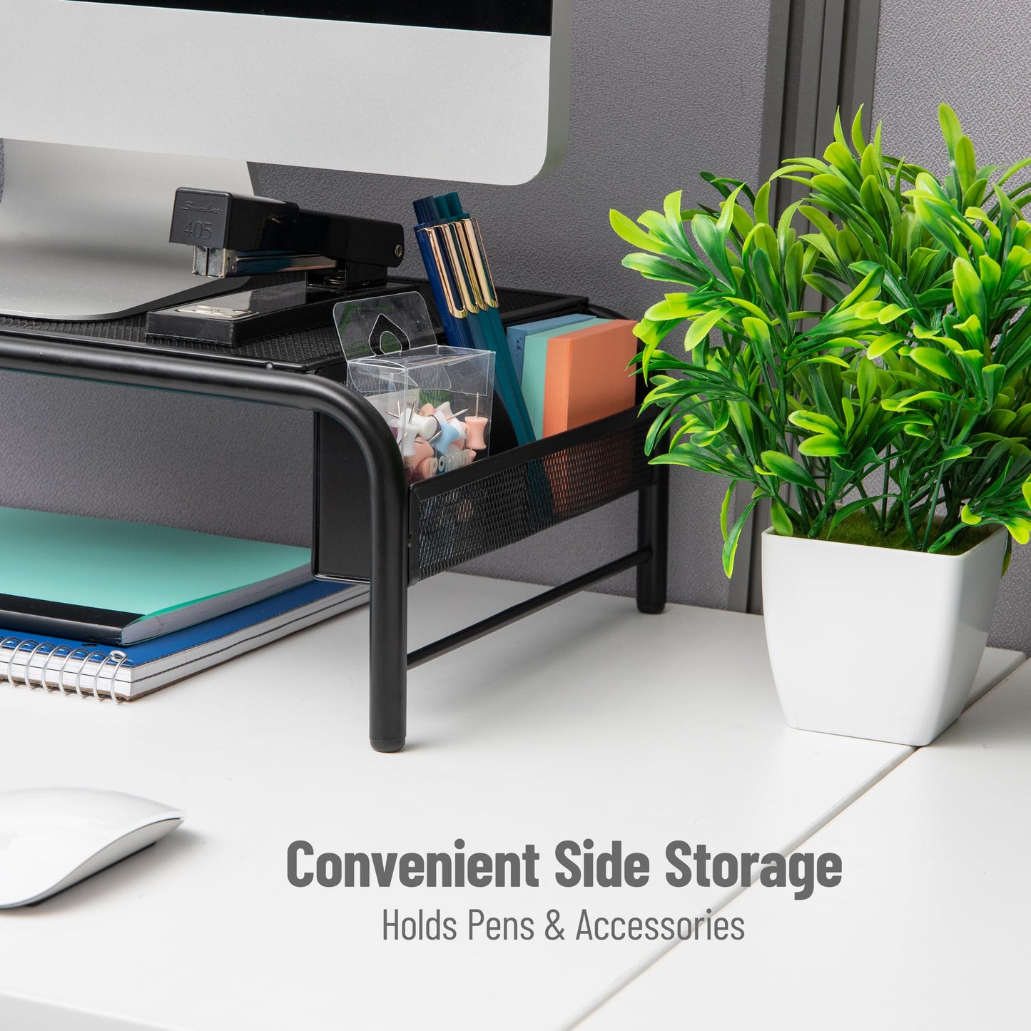 Mind Reader Monitor Stand, Ventilated Laptop Riser, Desktop Organizer, Side Storage, Metal Mesh