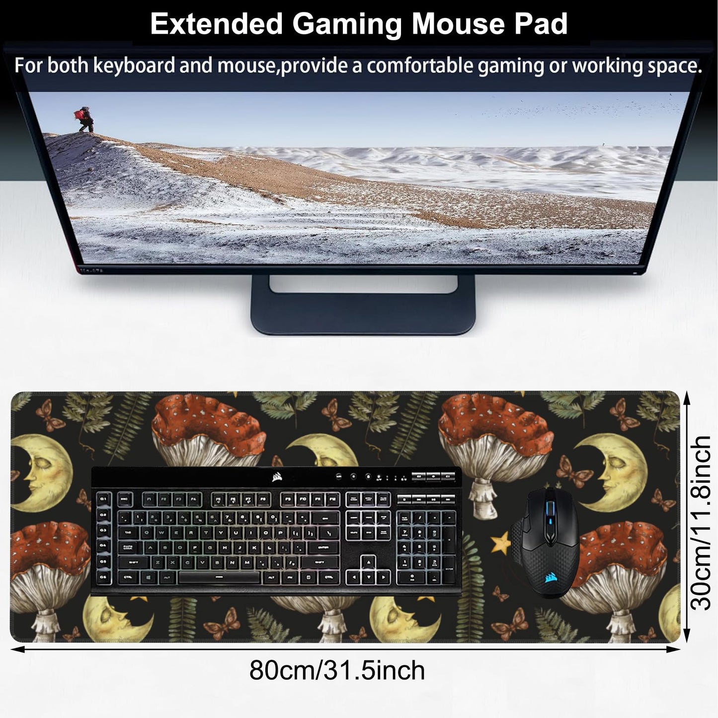 Vintage Magic Forest Desk Mat,Large Moon Amanita Mushroom and Forest Botanical Gaming Keyboard