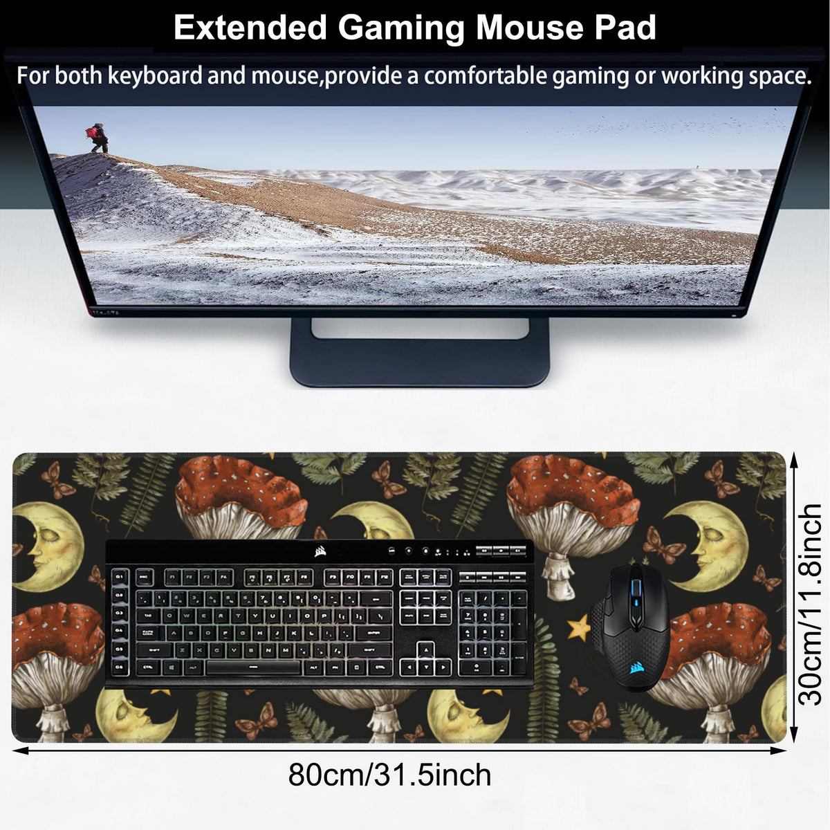Vintage Magic Forest Desk Mat,Large Moon Amanita Mushroom and Forest Botanical Gaming Keyboard