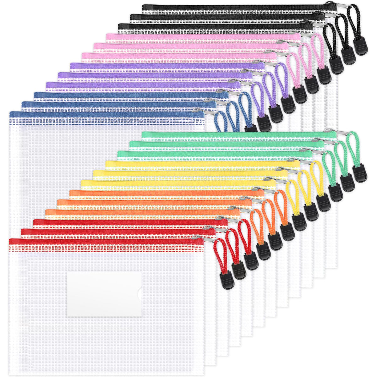Sooez 24 Pack Mesh Zipper Pouch Bags with Label Pocket, A5 (9.4×6.8 in) Small Pencil Case Pouch for