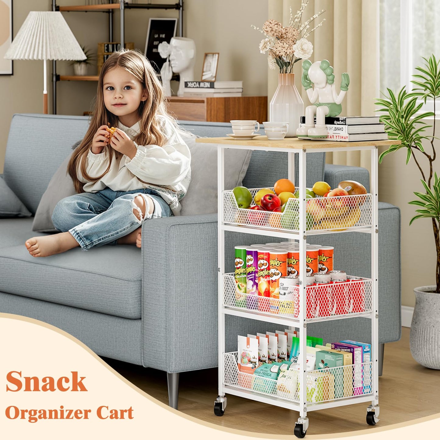 ThreeHio Rolling Kitchen Microwave Cart with Fruit Baskets, 4 Tier Microwave Table Stand with