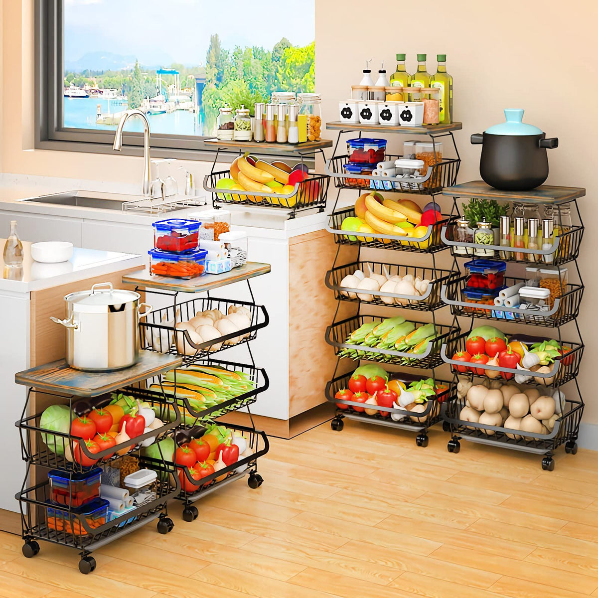 MURRI&MURRDI Fruit Vegetable Storage Basket with Wooden Lid, 6 Tier Stackable Wire Kitchen Cart