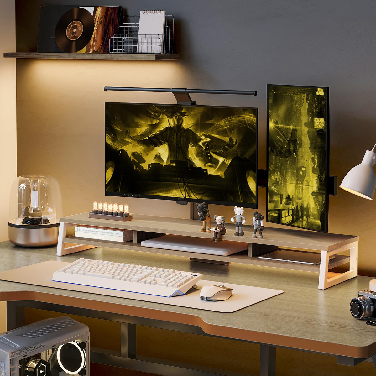 Fenge Dual Monitor Riser for Desk, Open Shelf with 3 Storage Compartments