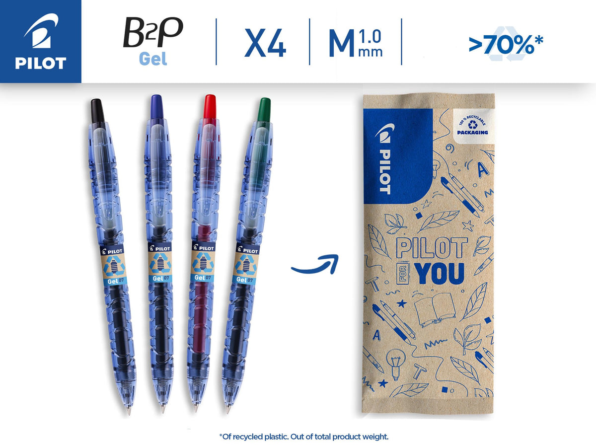 PILOT - Pack of 4 B2P GEL 0.7 - Gel ink roller ball pen - Medium - Begreen - Assorted colours