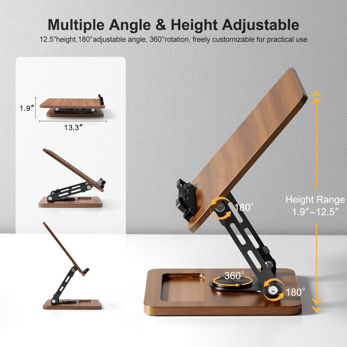 OPTIXCELL Book Stand for Reading, 360° Rotating Book Holder, Page Clips
